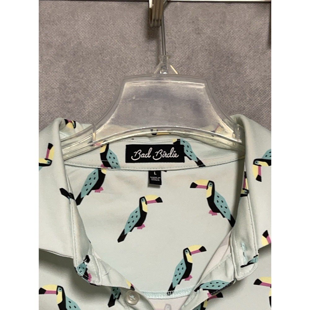 Bad Birdie Polo Shirt Men L Green Toucan Do It Golf AOP Performance Geometric - Picture 9 of 10
